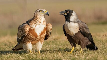 Obraz premium Side-by-side comparison of a Common Buzzard with brown plumage on the left and a black and white Carrion Crow on the right in a grassy field.