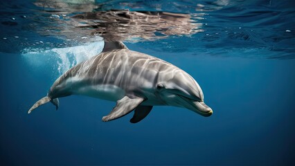 Naklejka premium Dolphin swimming gracefully near the water's surface in vibrant blue tones with soft ripples and sunlight reflections creating a serene underwater scene