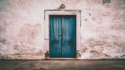 Textured aged white wall with peeling paint, centered blue wooden door, subtle shadows, with neutral tones dominating the scene.