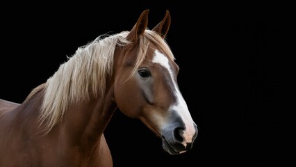 Fototapeta premium Closeup portrait of a palomino horse with a golden coat and flowing mane highlighted against a deep black background, emphasizing its serene beauty.