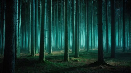 Mysterious forest scene illuminated by soft green backlighting with tall, dark trees creating an enchanting and tranquil atmosphere.