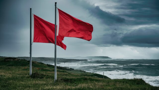 Double red flags prominently waving against a dramatic stormy sky and turbulent sea, with lush green grass in the foreground on a coastal landscape.