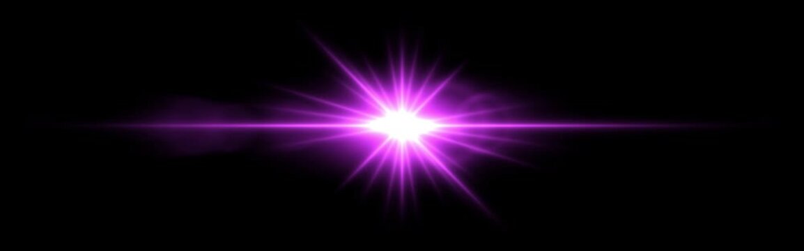 Bright pink lens flare with radiating beams on a dark transparent background. Horizontal glow effect symbolizes illumination, energy, and futuristic design. Sci-fi, digital effects, abstract themes