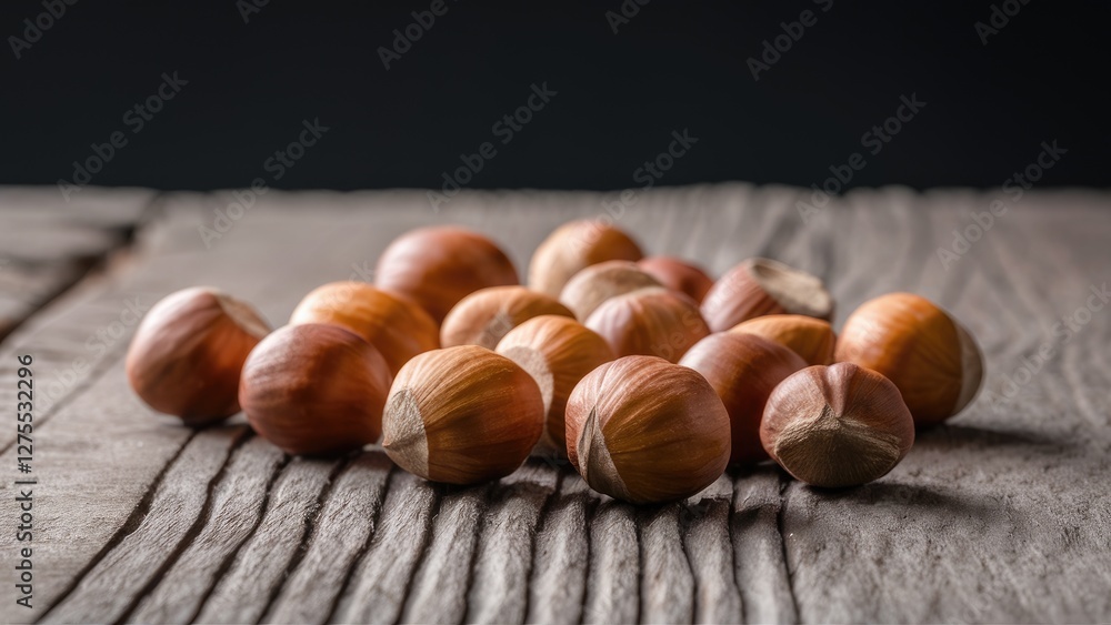 Wall mural Closeup view of hazelnuts on rustic wooden surface with warm browns and dark backdrop featuring selective focus and ample horizontal copy space