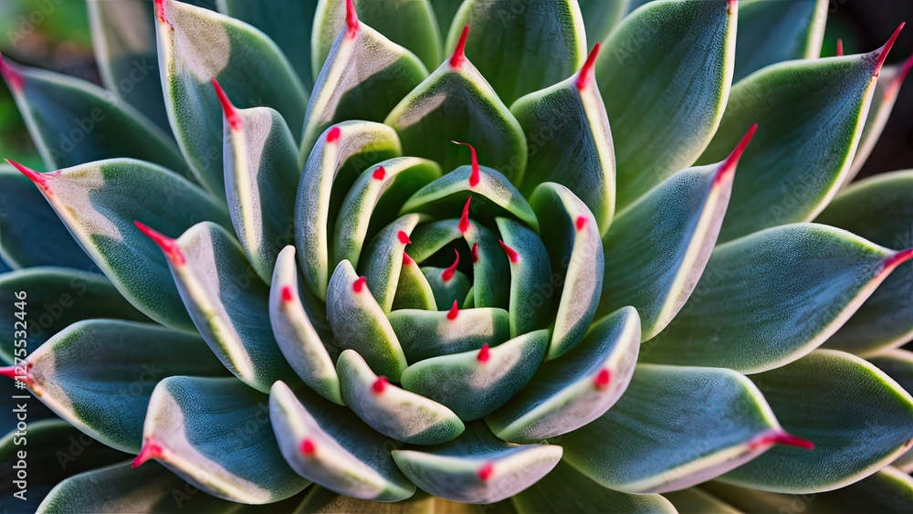 Poster vibrant green succulent with pointed leaves and red tips arranged in a rosette pattern against a sof