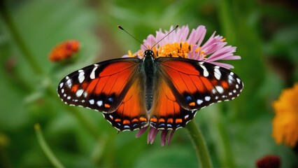 Fototapeta premium Vibrant orange butterfly perched gracefully on a purple flower surrounded by lush green foliage in a serene garden setting