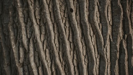 Obraz premium Bark texture of a tree with deep grooves in shades of brown and gray, featuring vertical lines and a rough surface for natural decor.
