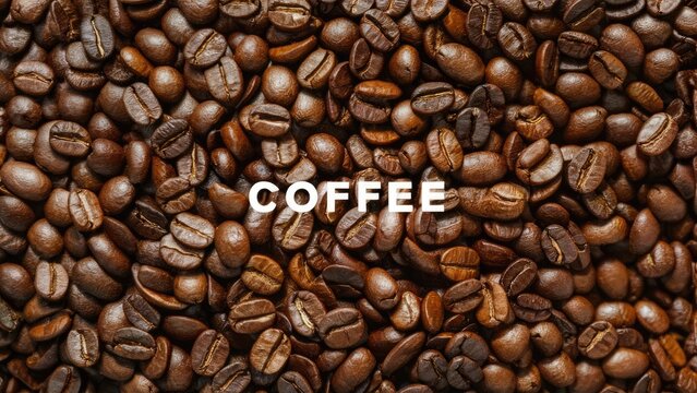 Freshly roasted Arabica coffee beans in rich brown tones with a textured backdrop, featuring a central white text area labeled COFFEE.