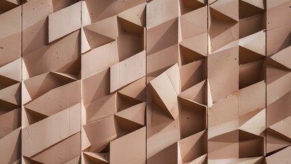 Textured geometric patterns in soft beige tones on a structured wall surface, showcasing dynamic three-dimensional triangular shapes and shadows.
