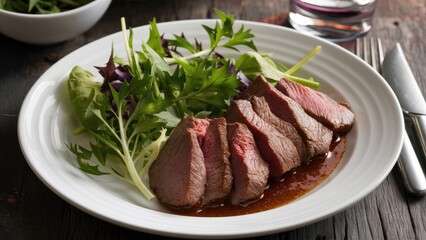 Closeup of a white plate with sliced beef in rich sauce beside vibrant green salad leaves on rustic wooden table background