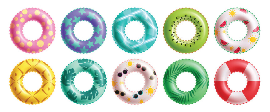 Summer inflatable ring clipart set. Colorful inflatable floaters with printed pattern elements clip art for holiday vacation lifebuoy equipment collection vector illustration.