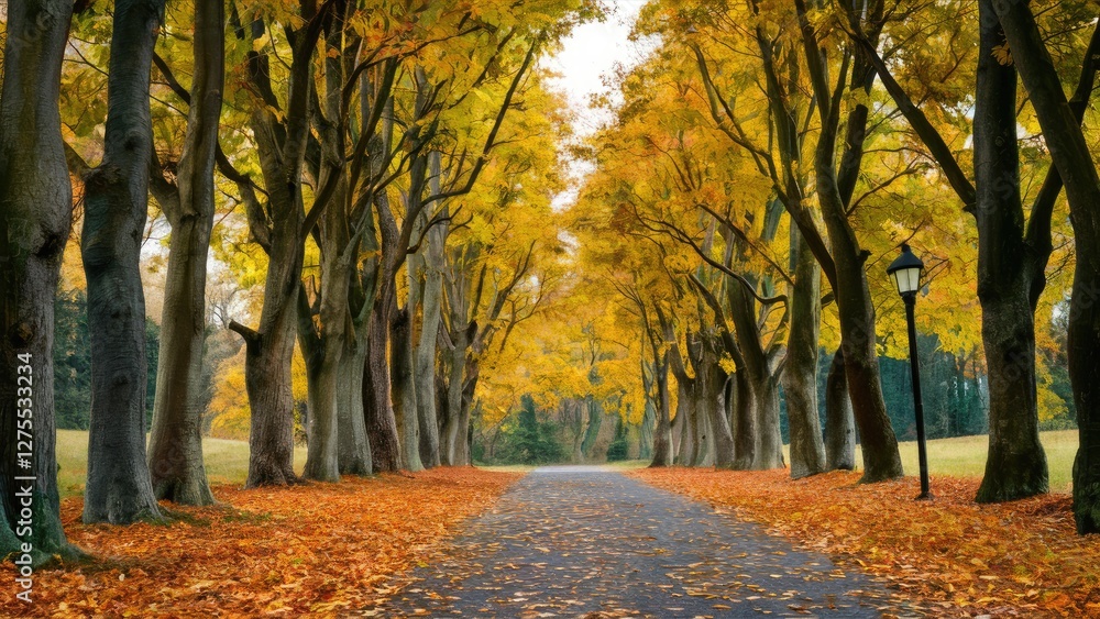 Aufkleber vibrant autumn pathway lined with golden trees and fallen leaves creating a serene atmosphere with s