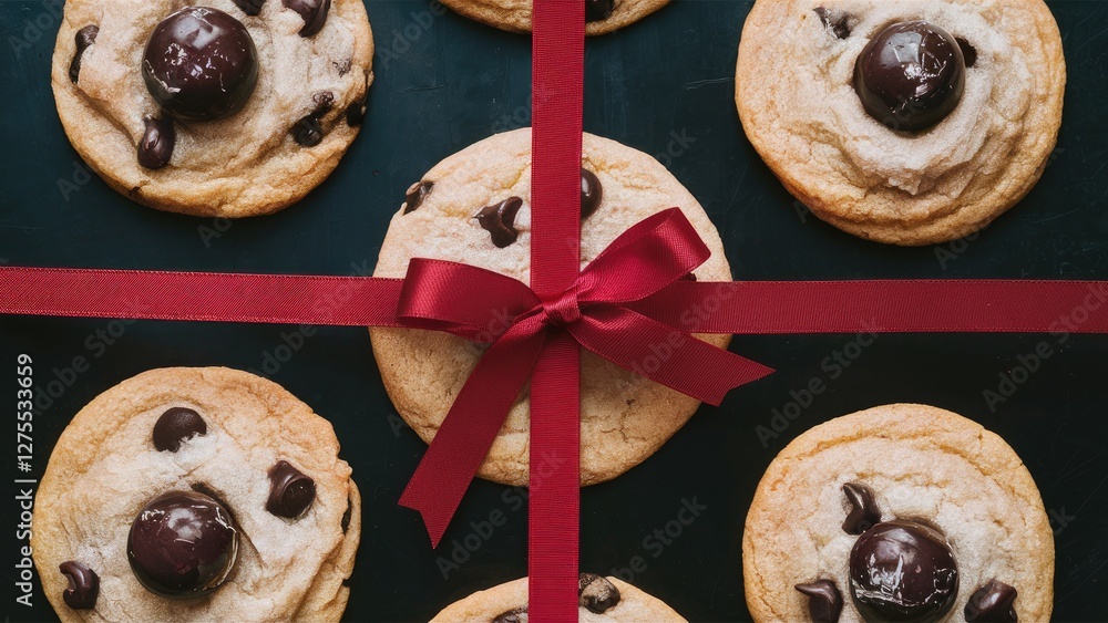 Poster chocolate chip cookies arranged in a grid with a red ribbon on a dark surface featuring soft golden-