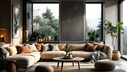Fototapeta premium Modern Living Room Design with Large Windows and Neutral Decor