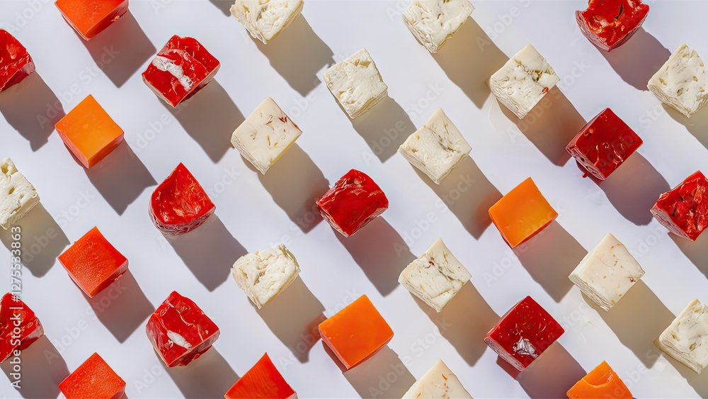 Poster assorted cheese and jelly cubes in red and white arranged in a grid pattern on a clean white backgro