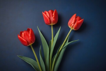 Fototapeta premium there are three red tulips in a vase on a blue background