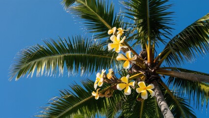 Frangipani flowers in vibrant yellow bloom on a tall coconut palm against a clear blue sky with lush green fronds creating a tropical paradise.