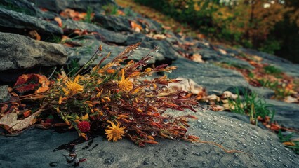 Dried yellow and red flowers with dew drops on a rocky hillside with autumn leaves showcasing earthy tones and natural textures in a serene setting