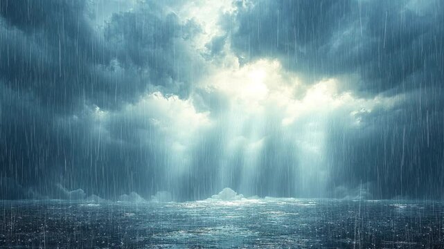 A looped animation of a rainstorm over the sea with moving clouds in the background.