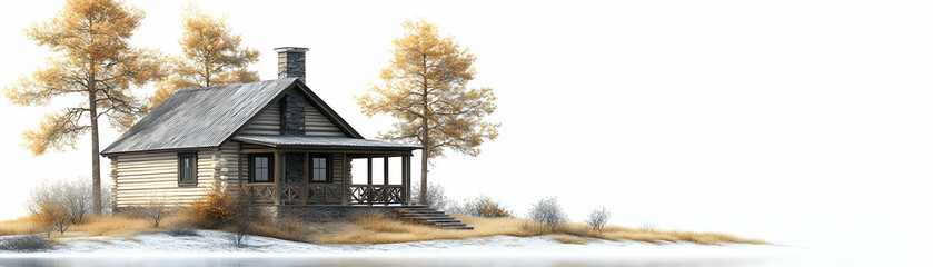 Winter Log Cabin 3D Render