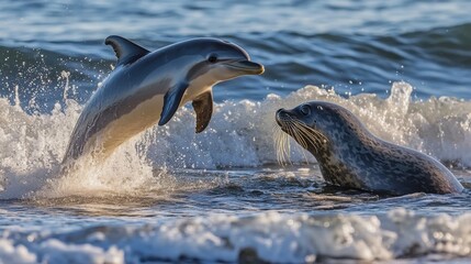 Naklejka premium Dolphin arcs through the air while a seal basks in the sparkling ocean, both bathed in bright midday sunlight