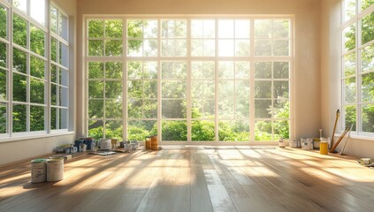 Sunlit Room, Interior Renovation, Garden View, Paint Cans