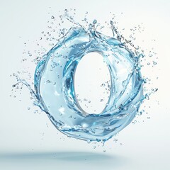 Number 0 made of clear blue water with splashing droplets isolated on a clean white background
