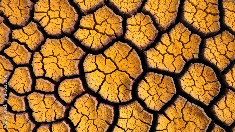 Poster vibrant yellow and violet abstract texture of dry cracked soil displaying a drought pattern with int