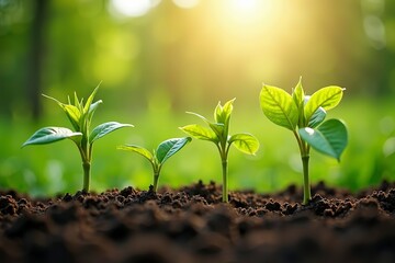 Coffee bean seedlings in a row, symbolizing growth and sustainability in agriculture.