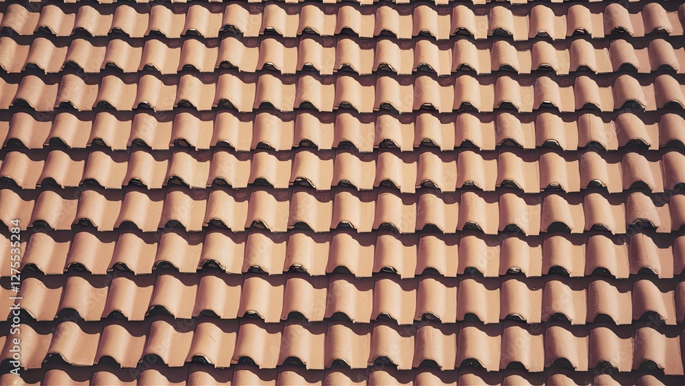 Poster textured orange and brown roof tiles arranged in a repeating pattern showcasing depth and symmetry, 