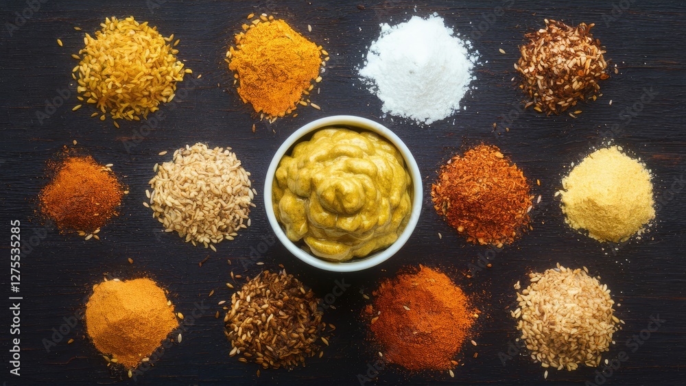Poster assorted spices in vibrant colors arranged around a bowl of grain mustard on a dark wooden surface c