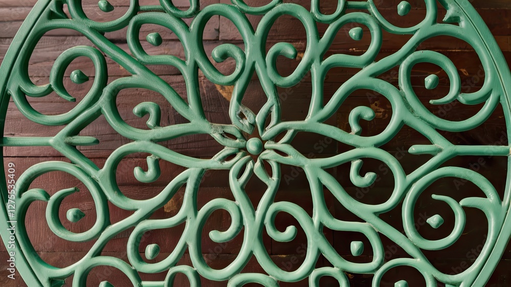 Aufkleber turquoise metal table with intricate scroll patterns centered above a wooden background showcasing e