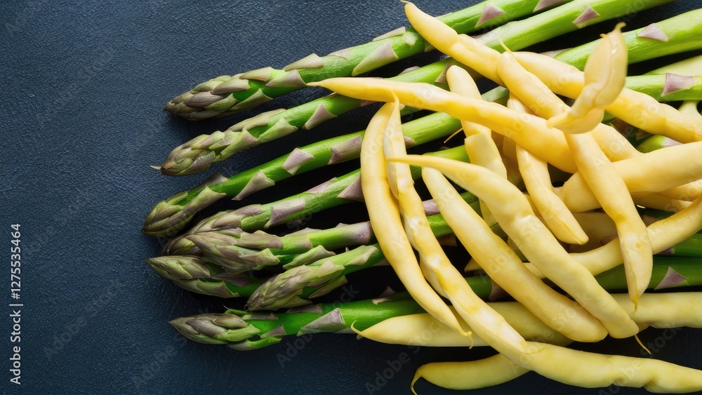 Aufkleber fresh yellow beans and green asparagus arranged diagonally on a dark textured surface with ample neg