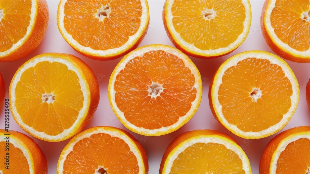 Poster sliced oranges arranged in a grid pattern on a light surface showcasing vibrant orange and yellow hu