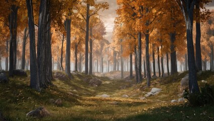 Fototapeta premium Autumn forest scene featuring vibrant orange foliage on tall trees with a misty background and rocky ground, conveying a serene outdoor atmosphere.