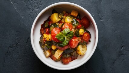 Gourmet ratatouille presented in a small white bowl on a dark textured background featuring colorful vegetables with a garnish of fresh herbs.
