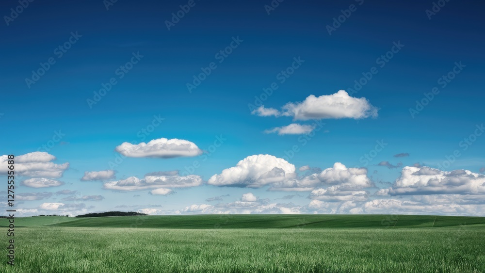 Poster vast green field under a bright blue sky with fluffy white clouds scattered across the horizon creat