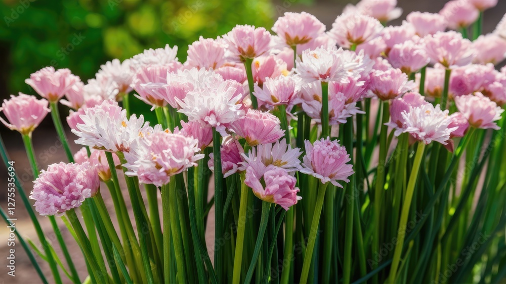 Poster pink chive blossoms clustered densely on vibrant green stems with blurred greenery in the background