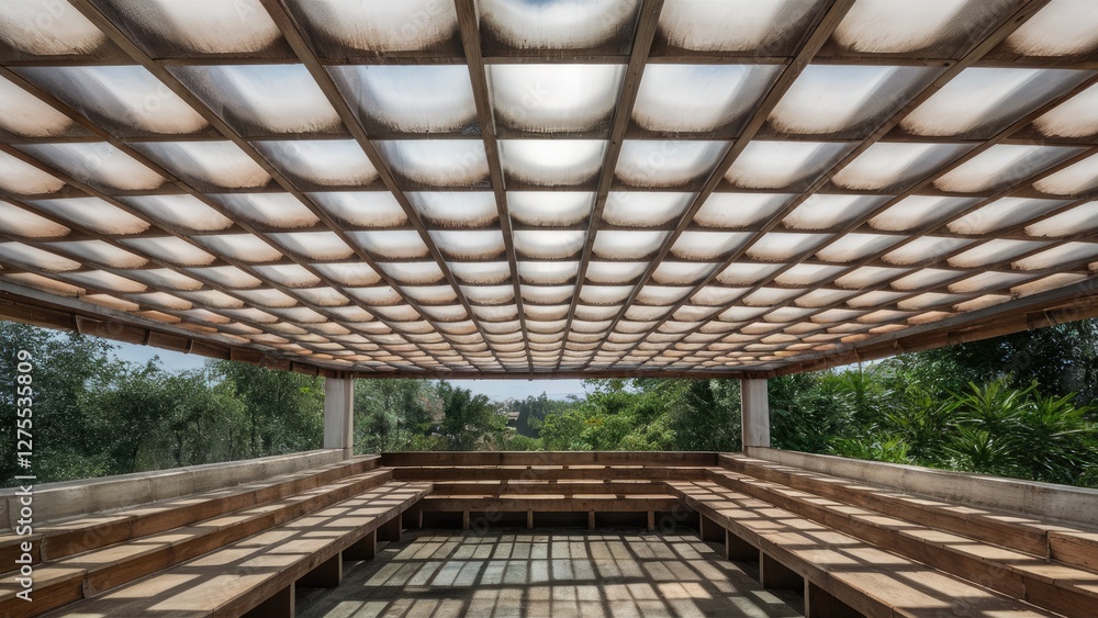 Poster translucent roof tiles create a bright, airy space with a grid pattern in soft white and beige, surr