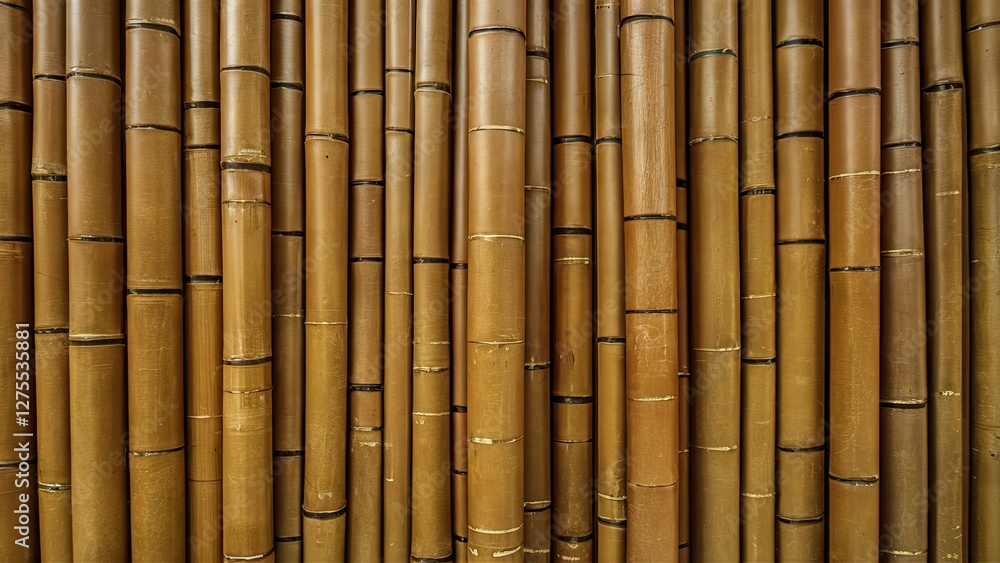 Poster close-up of vertical bamboo stalks in varying shades of brown and yellow, creating a textured backgr