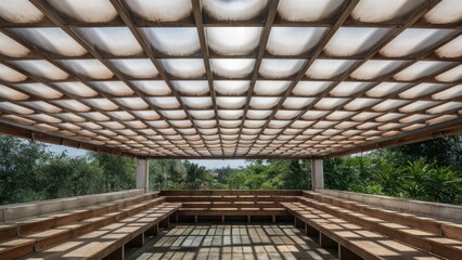 Translucent roof tiles create a bright, airy space with a grid pattern in soft white and beige, surrounded by greenery in the background.