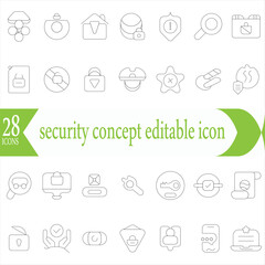 Safety, protection and security concept editable stroke outline icons set isolated on white background flat vector illustration.