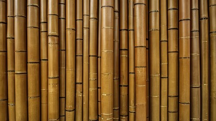 Fototapeta premium Close-up of vertical bamboo stalks in varying shades of brown and yellow, creating a textured background with natural patterns and details.