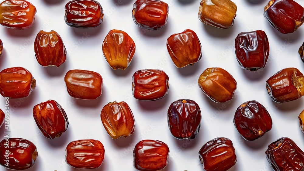 Poster close-up of glossy red-brown date fruits neatly arranged in a uniform grid on a white background, sh