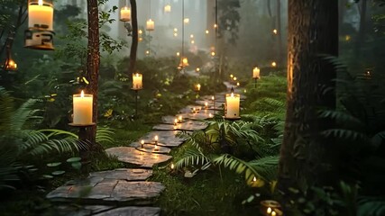 Enchanting candlelit path through a mystical forest. - Powered by Adobe