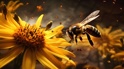 Naklejka premium Honeybee collecting pollen from yellow flower
