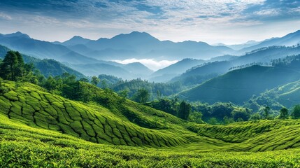 Naklejka premium Verdant Panoramic Landscape with Rolling Hills and Misty Mountains