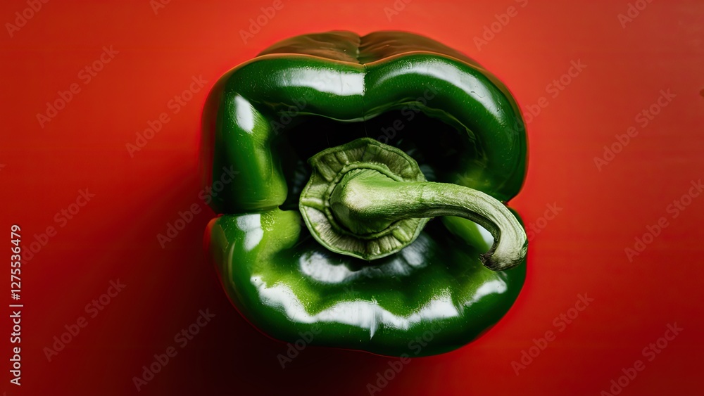 Aufkleber closeup view of a shiny green bell pepper on a vibrant red background centered in the frame showcasi