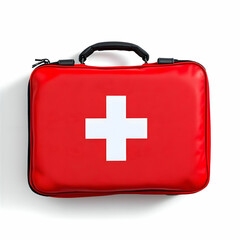 Obraz premium Red First Aid Kit Bag with White Cross for Emergency Preparedness