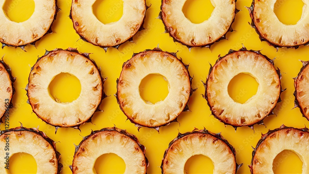 Poster peeled pineapple slice circles arranged in rows on a bright yellow background highlighting the textu